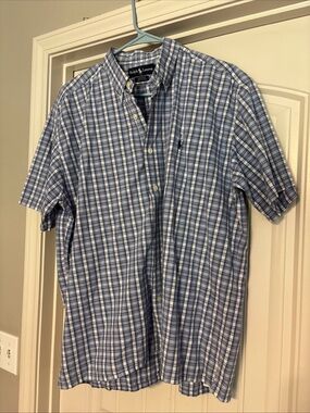 Ralph Lauren Blue and White Plaid Short-Sleeve Button-Down Shirt